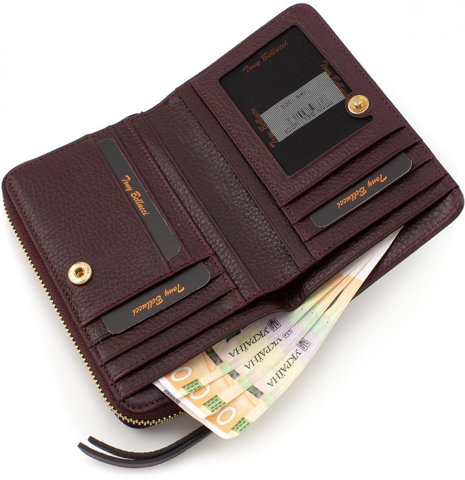 Жіночий шкіряний гаманець середнього розміру в кольорі марсала із золотистою фурнітурою Tony Bellucci (19814)