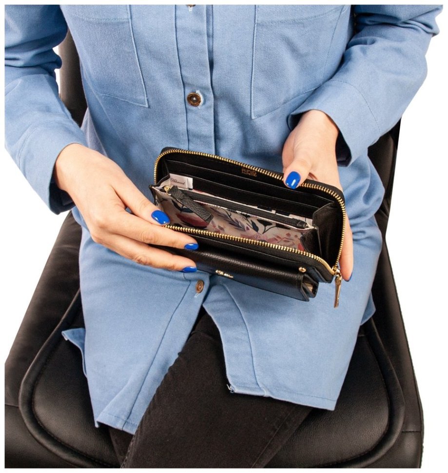 Жіночий шкіряний гаманець із RFID-захистом чорного кольору Ashwood J54 94173 на блискавці modnotak фото №14