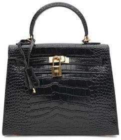 Кожаная женская сумка с тиснением под рептилию Borsa Leather 94673 черного цвета