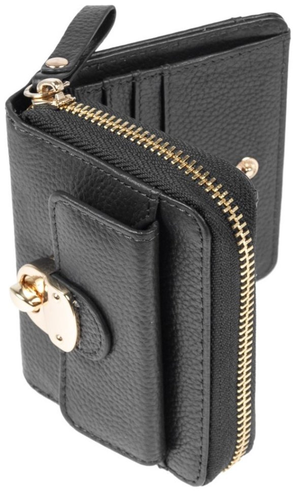 Компактный женский кошелек из натуральной фактурной кожи на кнопке с монетницей Ashwood Y50 черного цвета 95473 modnotak фото №4