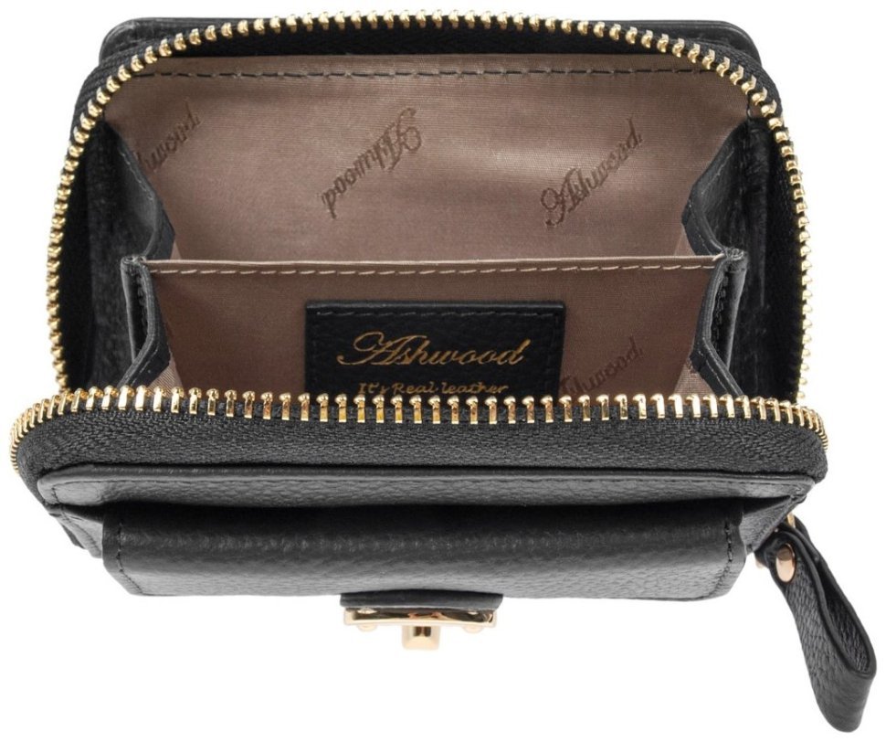 Компактный женский кошелек из натуральной фактурной кожи на кнопке с монетницей Ashwood Y50 черного цвета 95473 modnotak фото №6