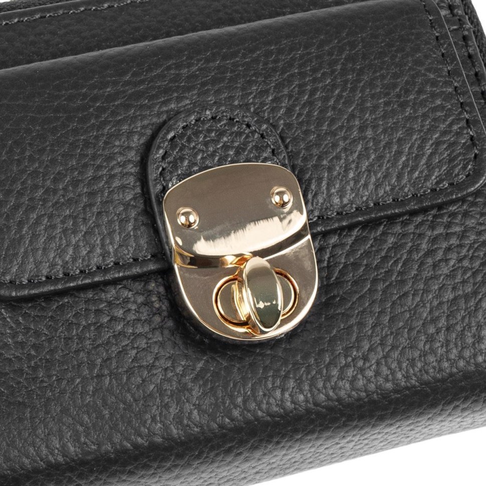 Компактный женский кошелек из натуральной фактурной кожи на кнопке с монетницей Ashwood Y50 черного цвета 95473 modnotak фото №7