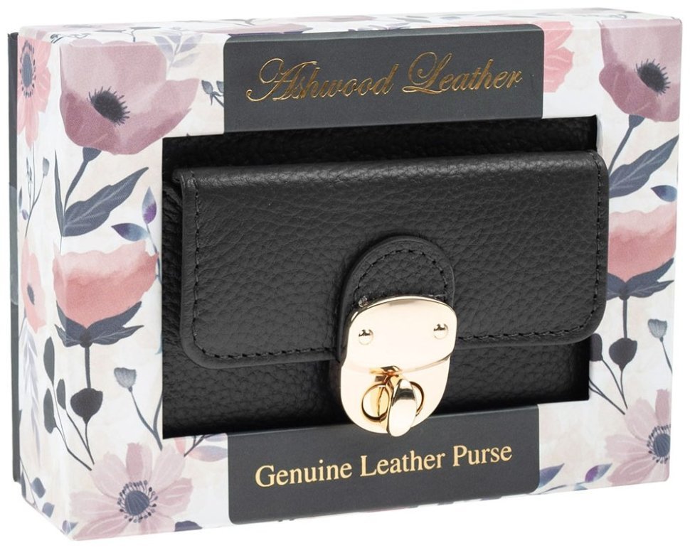 Компактный женский кошелек из натуральной фактурной кожи на кнопке с монетницей Ashwood Y50 черного цвета 95473 modnotak фото №8