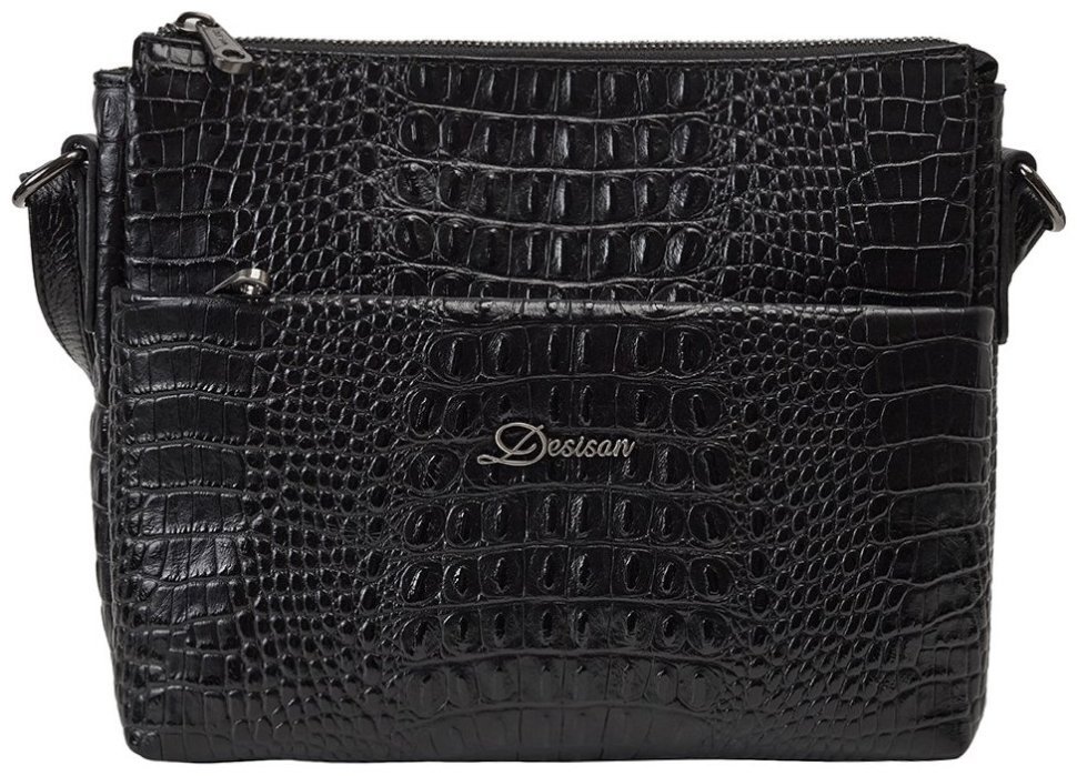 Стильная повседневная женская сумка из натуральной кожи с фактурой под крокодила Desisan 107073 черного цвета modnotak фото №1