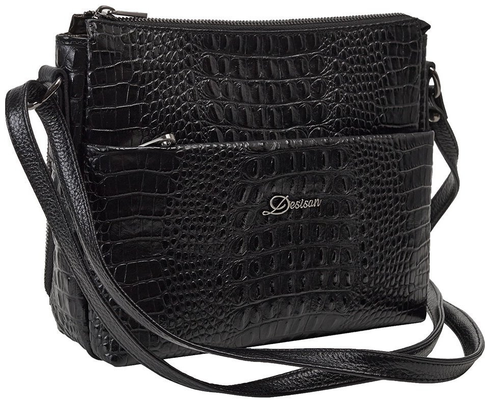 Стильная повседневная женская сумка из натуральной кожи с фактурой под крокодила Desisan 107073 черного цвета modnotak фото №2