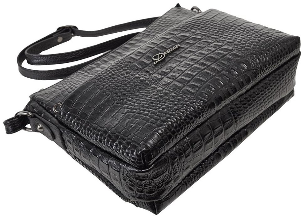 Стильная повседневная женская сумка из натуральной кожи с фактурой под крокодила Desisan 107073 черного цвета modnotak фото №4