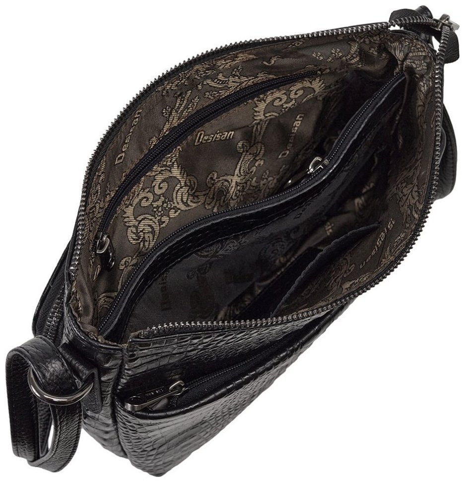 Стильная повседневная женская сумка из натуральной кожи с фактурой под крокодила Desisan 107073 черного цвета modnotak фото №6