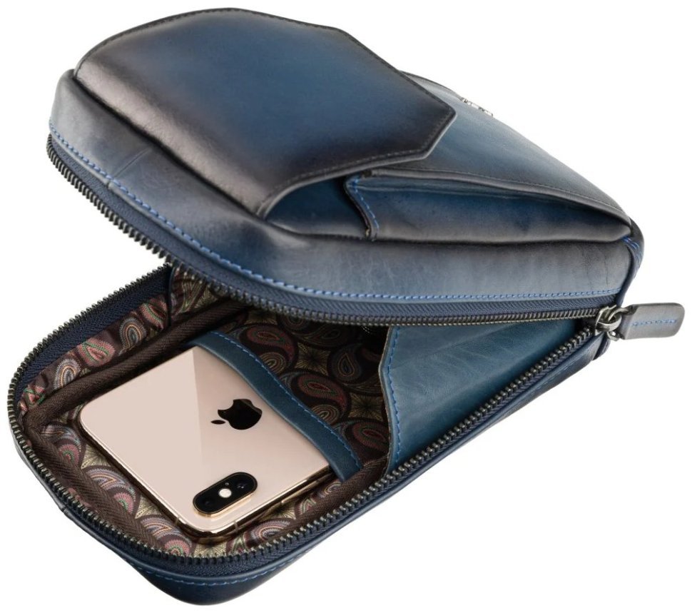 Сумка из натуральной гладкой кожи через плечо с отделением для смартфона Visconti AT45 Alex синего цвета 107973 modnotak фото №8