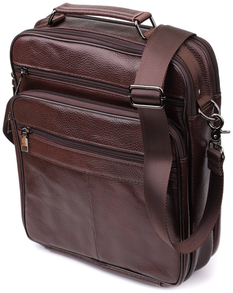 Вместительная мужская сумка из качественной кожи через плечо с ручкой для переноски в руке Vintage 98173 коричневого цвета modnotak фото №1