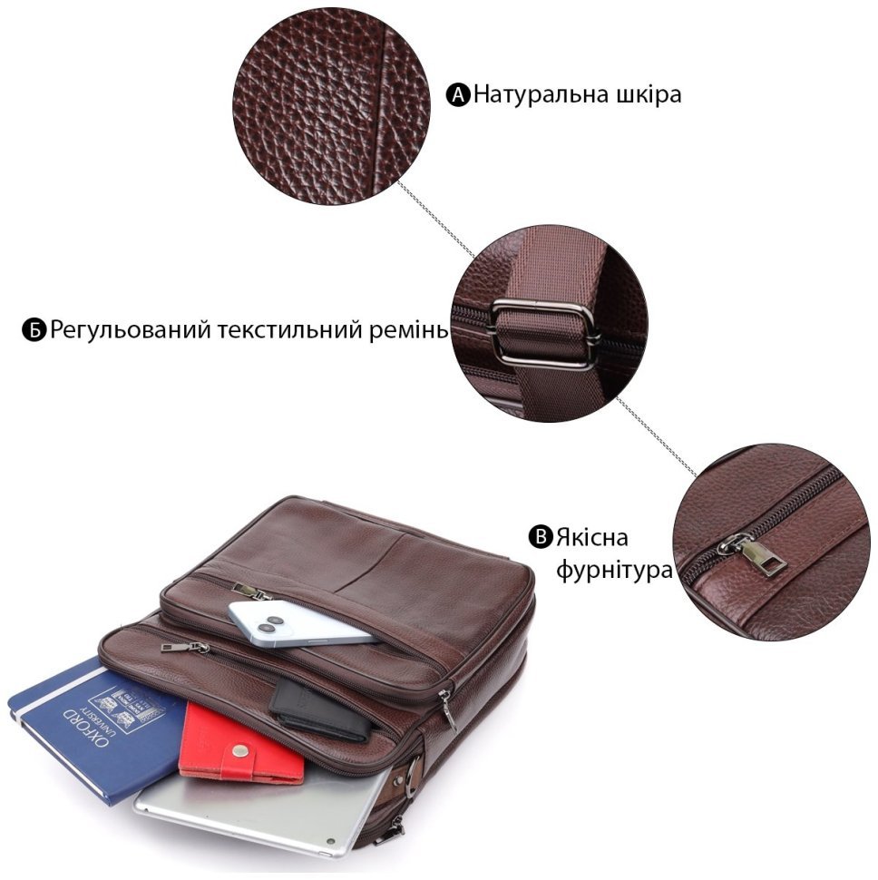 Вместительная мужская сумка из качественной кожи через плечо с ручкой для переноски в руке Vintage 98173 коричневого цвета modnotak фото №4