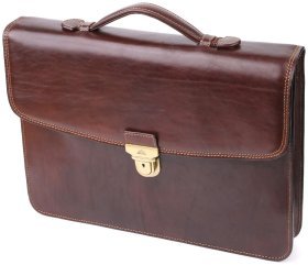 Деловой мужской портфель из гладкой кожи с металлической защелкой и ручкой для носки Tony Perotti коричневого цвета 108373