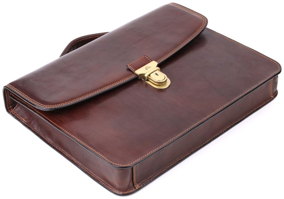 Деловой мужской портфель из гладкой кожи с металлической защелкой и ручкой для носки Tony Perotti коричневого цвета 108373 modnotak фото №5