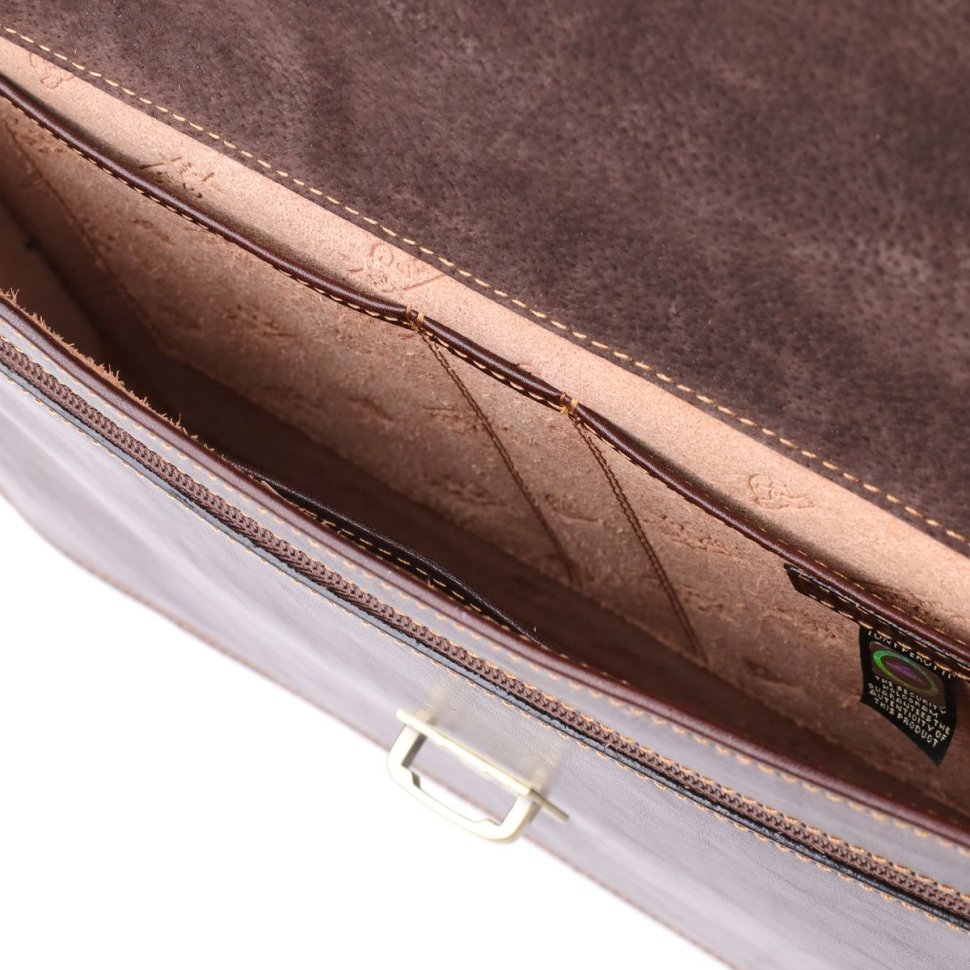 Деловой мужской портфель из гладкой кожи с металлической защелкой и ручкой для носки Tony Perotti коричневого цвета 108373 modnotak фото №7