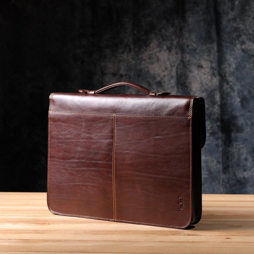 Деловой мужской портфель из гладкой кожи с металлической защелкой и ручкой для носки Tony Perotti коричневого цвета 108373 modnotak фото №10