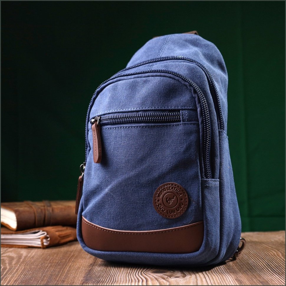 Синій чоловічий слінг-рюкзак середнього розміру з текстилю Vintagе 2422176