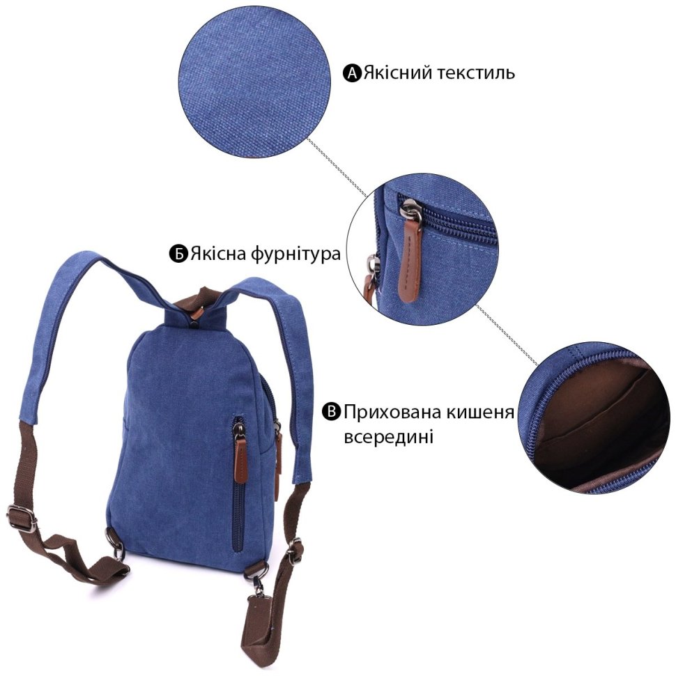 Синій чоловічий слінг-рюкзак середнього розміру з текстилю Vintagе 2422176 фото №11 Синій чоловічий слінг-рюкзак середнього розміру з текстилю Vintagе 2422176 modnotak фото №11