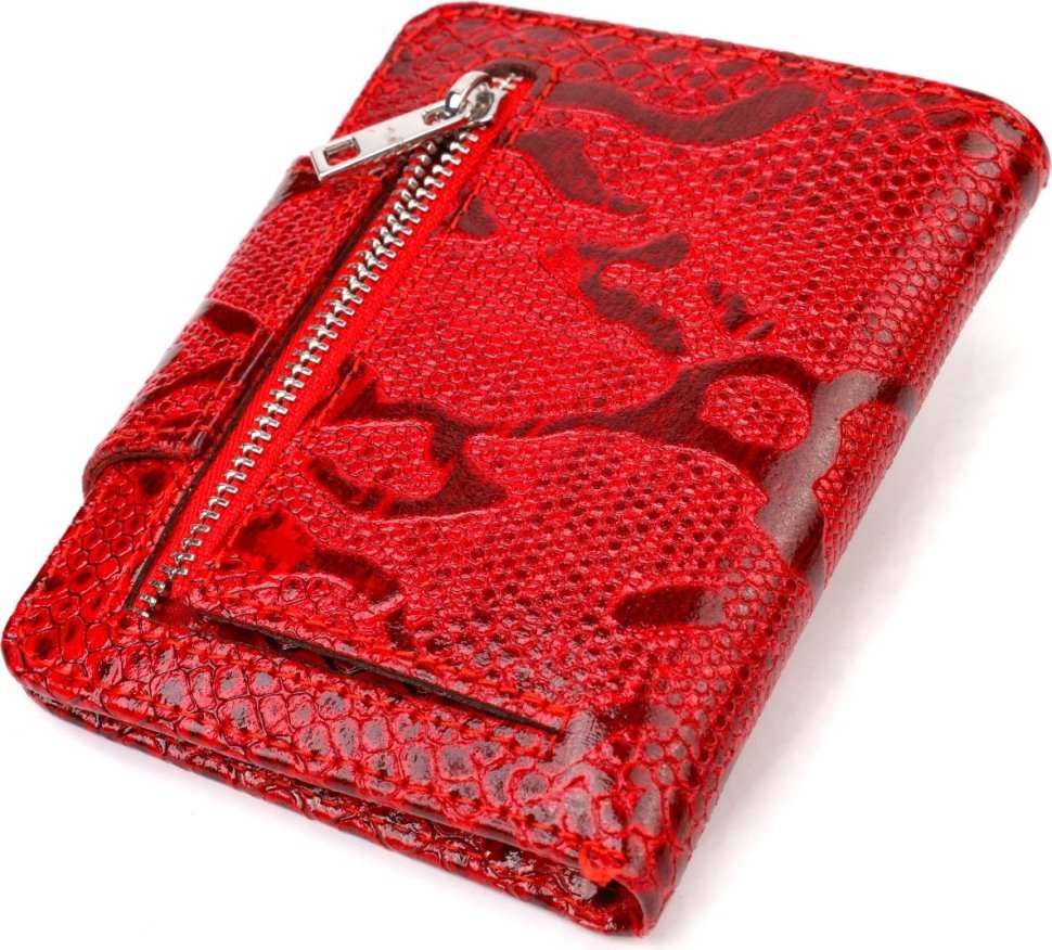 Красный женский кошелек двойного сложения из натуральной кожи с тиснением под змею CANPELLINI (2421810)