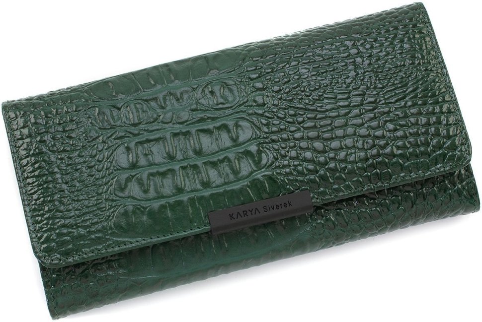 Женский длинный зеленый кошелек из натуральной кожи с фактурой рептилии KARYA (19023)