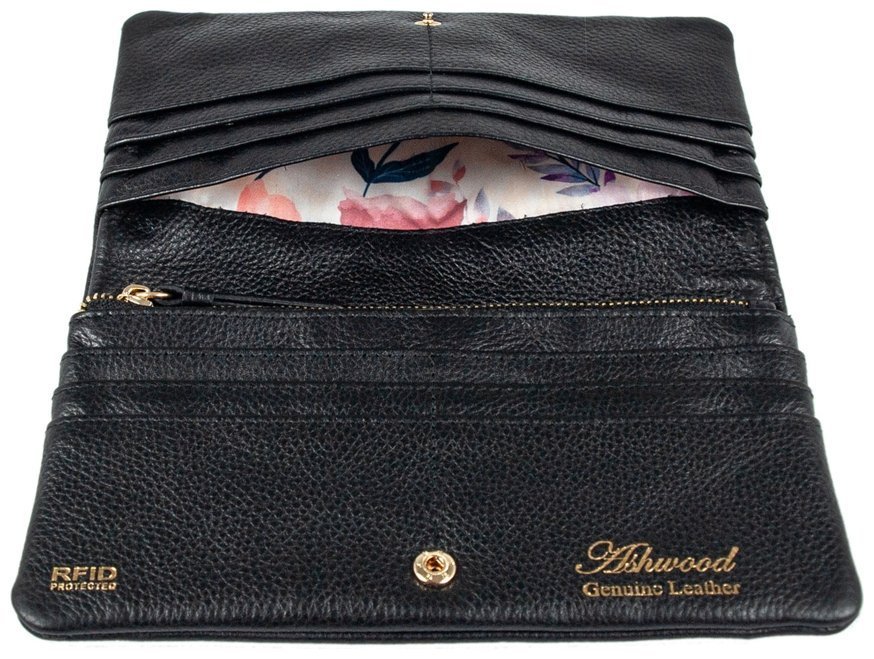 Качественный женский кошелек из натуральной кожи флотар черного цвета Ashwood J56 94174 на кнопке modnotak фото №4
