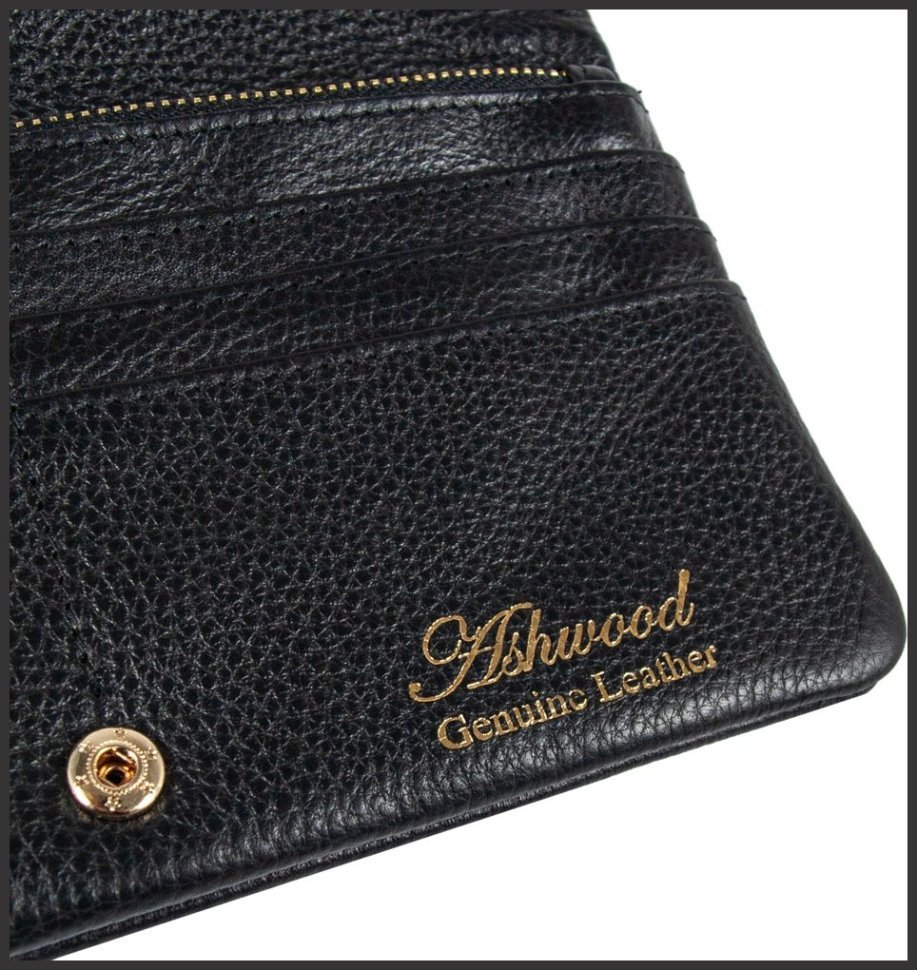 Качественный женский кошелек из натуральной кожи флотар черного цвета Ashwood J56 94174 на кнопке modnotak фото №5