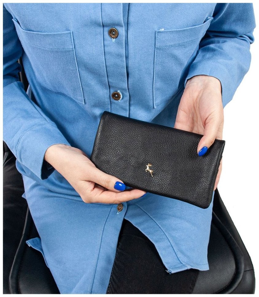 Качественный женский кошелек из натуральной кожи флотар черного цвета Ashwood J56 94174 на кнопке modnotak фото №10