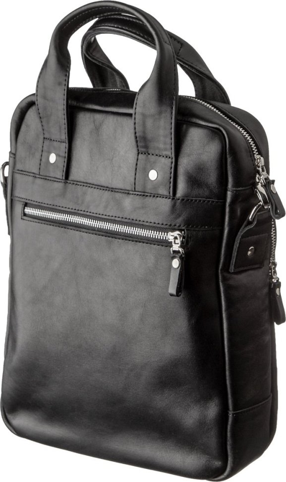 Большая мужская сумка вертикального формата из гладкой кожи черного цвета SHVIGEL (11165)