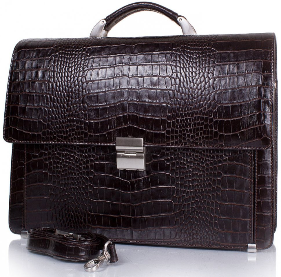 Ексклюзивний портфель коричневого кольору з натуральної шкіри під крокодила Desisan (319-19)