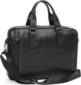 Чоловіча шкіряна сумка чорного кольору під ноутбук та документи зі світлим рядком Keizer (21338)