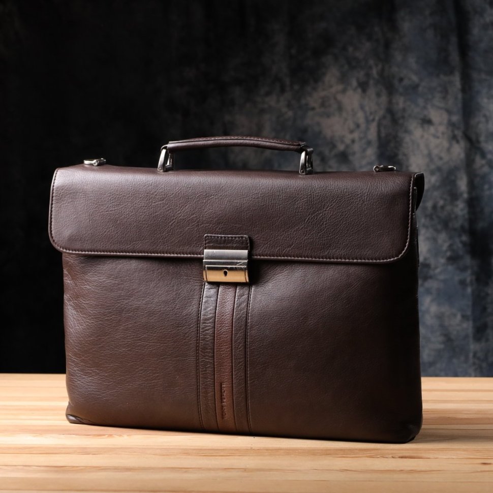 Деловая мужская сумка через плечо из натуральной кожи с отделением для ноутбука Tony Perotti коричневая 108374 modnotak фото №9