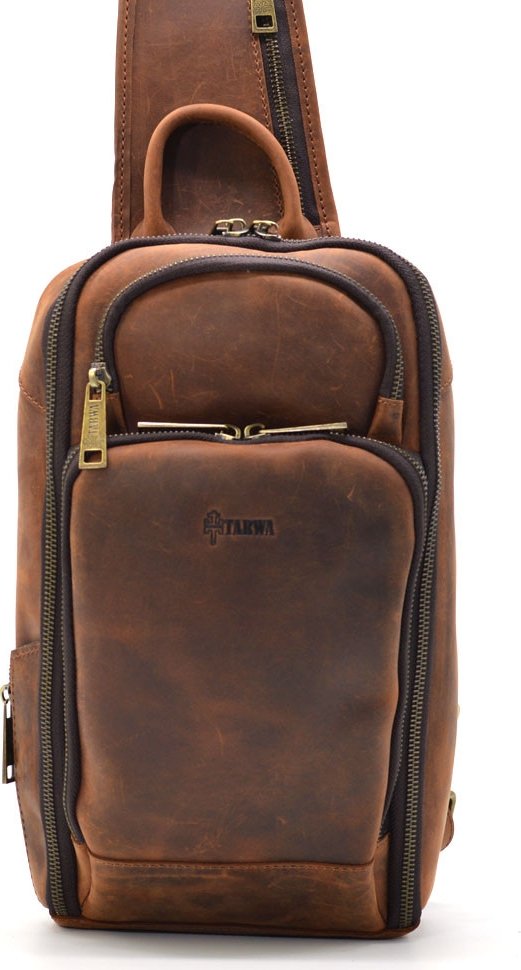 Шкіряний вінтажний рюкзак-слінг на одне плече коричневого кольору TARWA (21661)