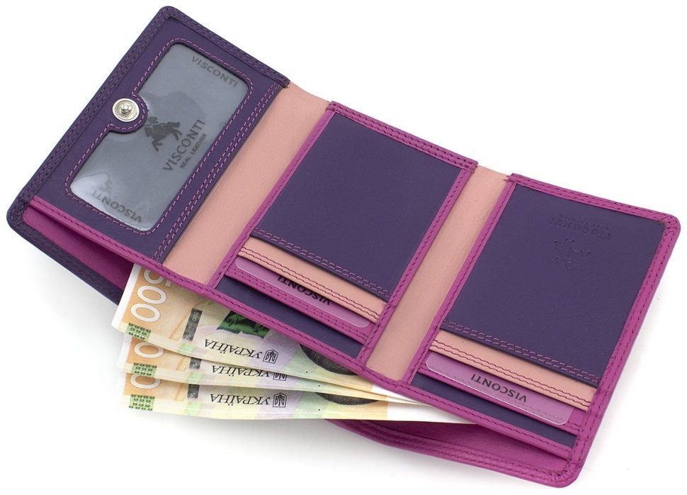 Шкіряний жіночий гаманець фіолетового-рожевого кольору з монетницею Visconti Biola 68874
