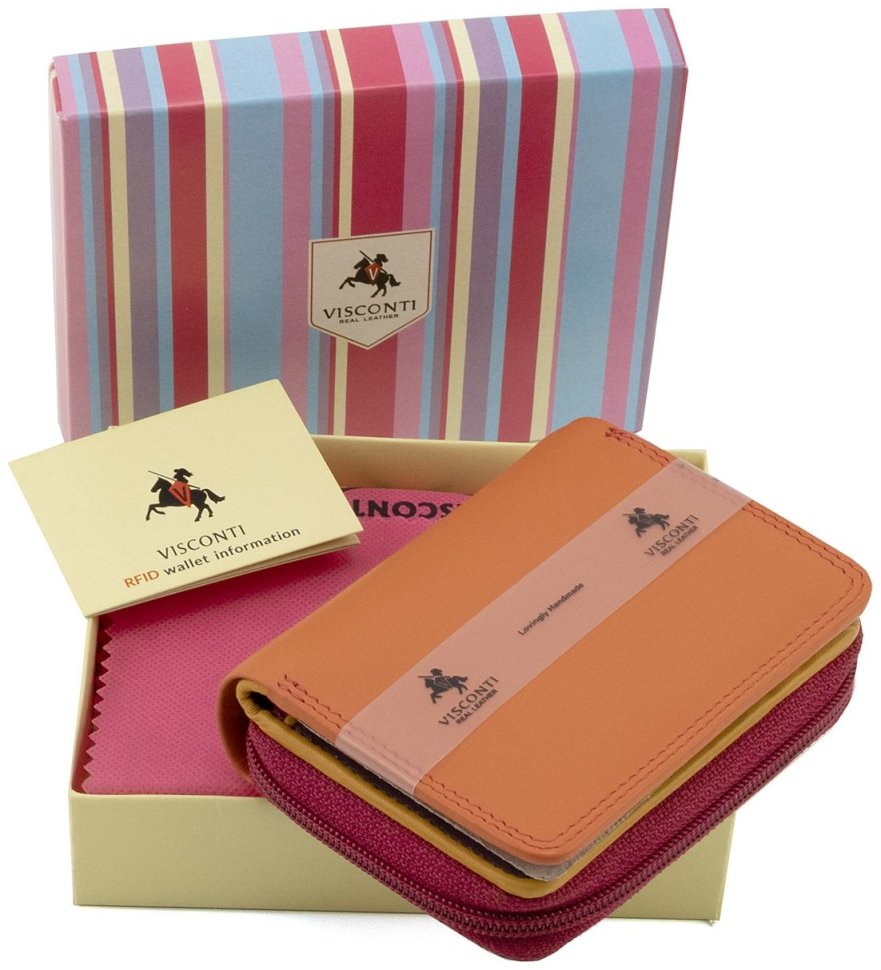 Маленький женский кошелек из натуральной кожи оранжево-розового цвета с автономной монетницей Visconti Hawaii 69274 modnotak фото №11