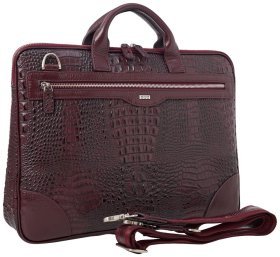 Жіноча шкіряна ділова сумка для документів та ноутбука Desisan 80075 бордового кольору з фактурою шкіри крокодила