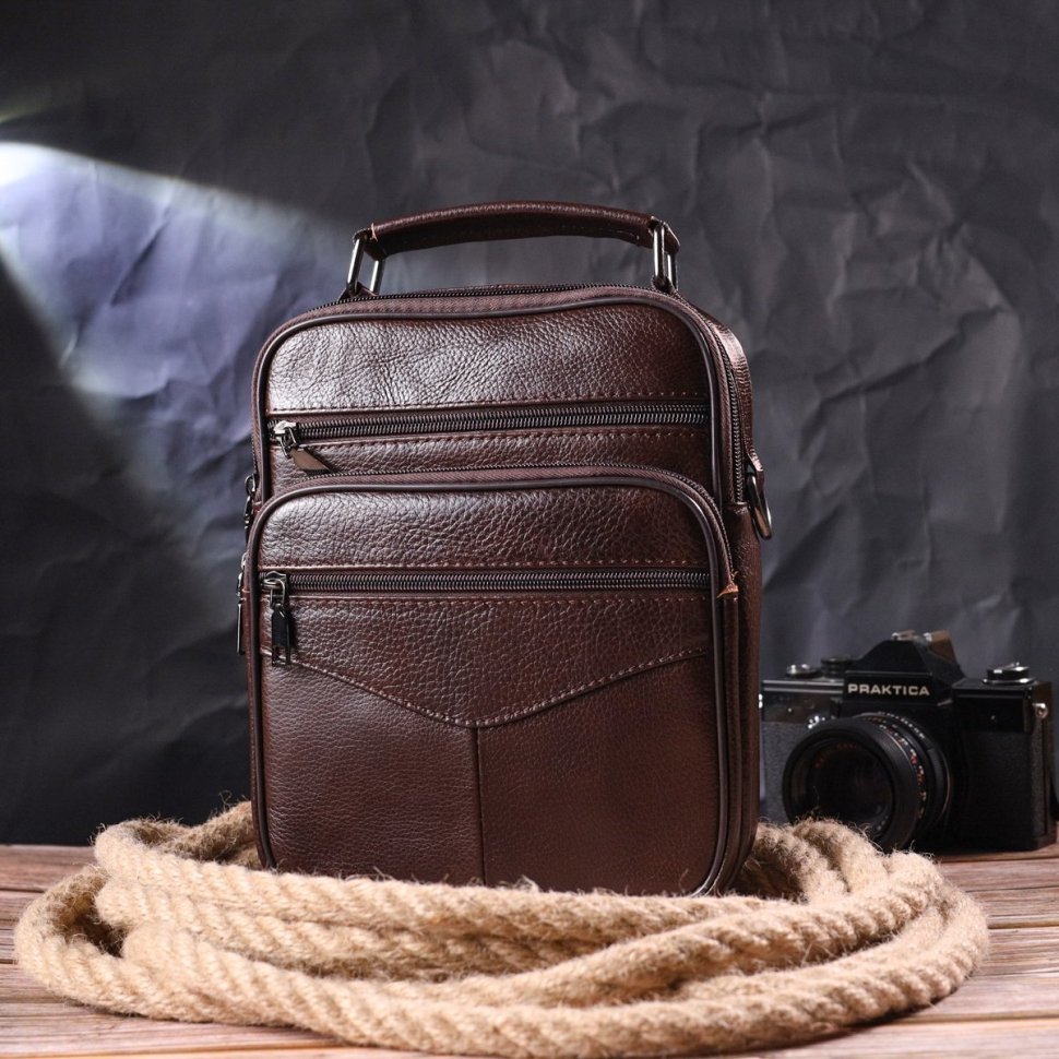 Коричневая мужская сумка-барсетка из натуральной фактурной кожи с ручкой Vintage (2421276)