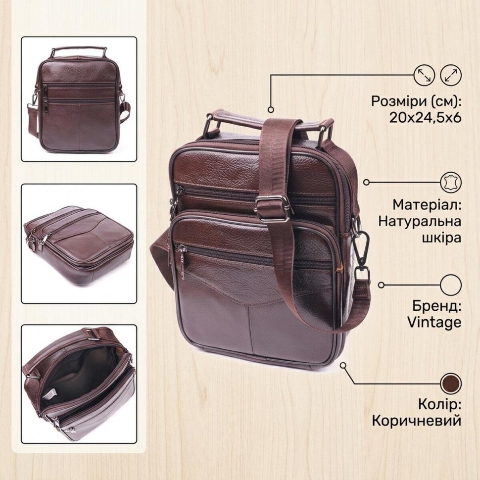 Коричневая мужская сумка-барсетка из натуральной фактурной кожи с ручкой Vintage (2421276) modnotak фото №14