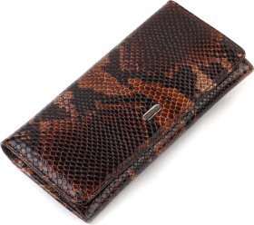 Лакированный женский кошелек коричневого цвета из натуральной кожи с тиснением под змею CANPELLINI (2421711)