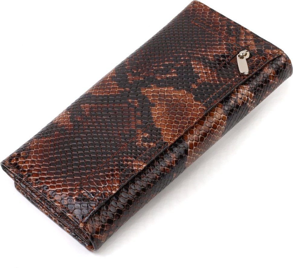 Лакированный женский кошелек коричневого цвета из натуральной кожи с тиснением под змею CANPELLINI (2421711)