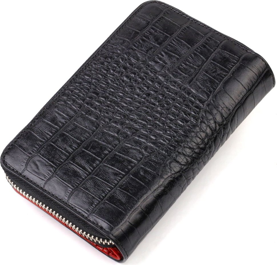 Чорно-червоний жіночий гаманець середнього розміру з натуральної шкіри з тисненням під крокодила CANPELLINI (2421911)