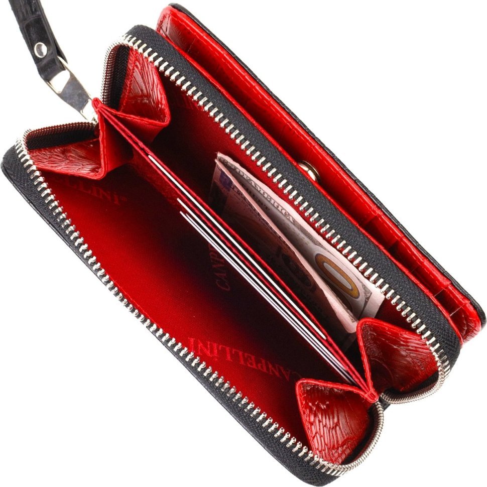 Чорно-червоний жіночий гаманець середнього розміру з натуральної шкіри з тисненням під крокодила CANPELLINI (2421911)