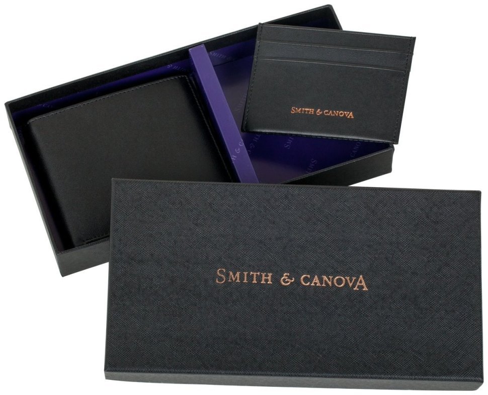 Подарунковий набір зі шкіряного чоловічого портмоне та картхолдера Smith & Canova чорного кольору 93975 modnotak фото №1
