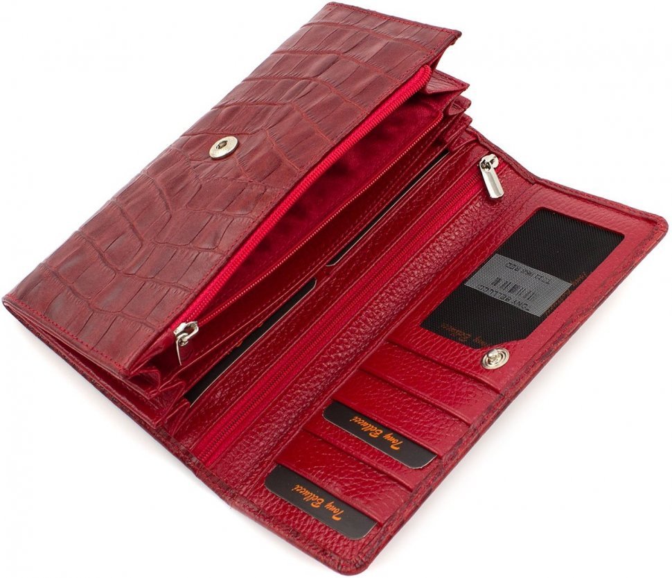 Кожний просторий гаманець червоного кольору з тисненням під крокодила Tony Bellucci (10771)