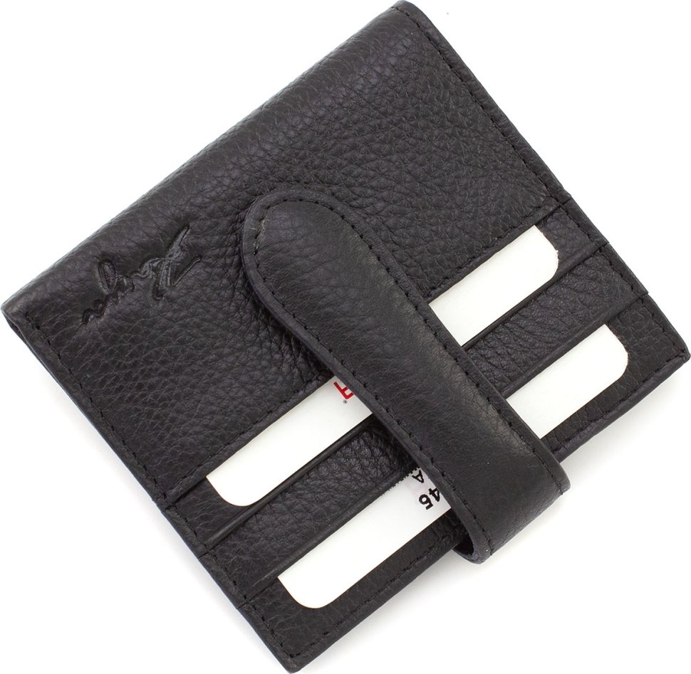 Чорний маленький гаманець із натуральної шкіри з хлястиком на кнопці KARYA (21048)