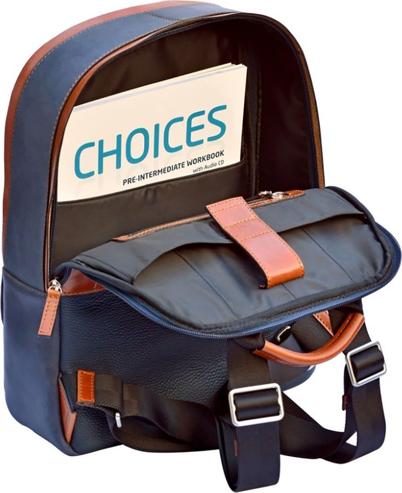 Городской рюкзак из комбинированной кожи рыжего и синего цвета Issa Hara (21150)