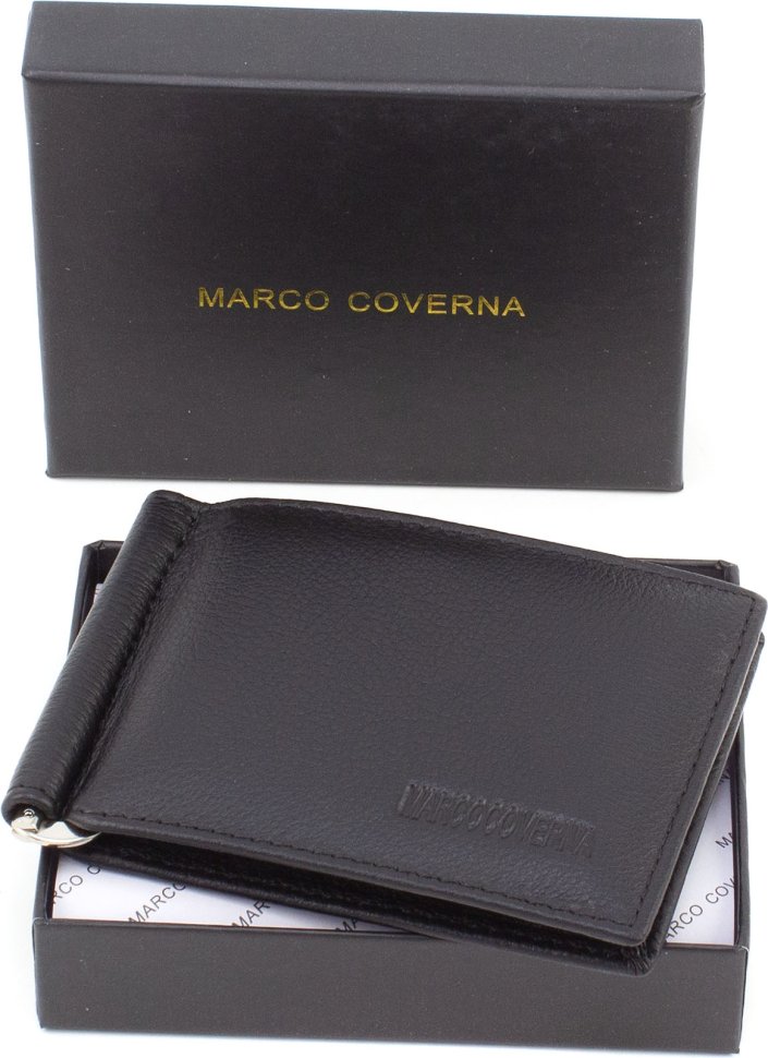 Тонкий мужской зажим для купюр из черной кожи без застежки Marco Coverna (21591)