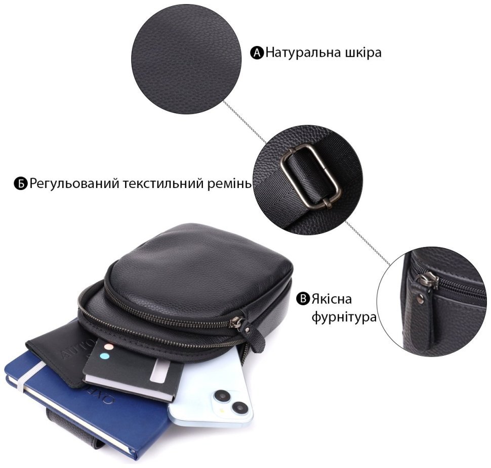 Повседневная вместительная мужская слинг-сумка из фактурной кожи черного цвета Vintage 98175 фото №4 Повседневная вместительная мужская слинг-сумка из фактурной кожи черного цвета Vintage 98175 modnotak фото №4