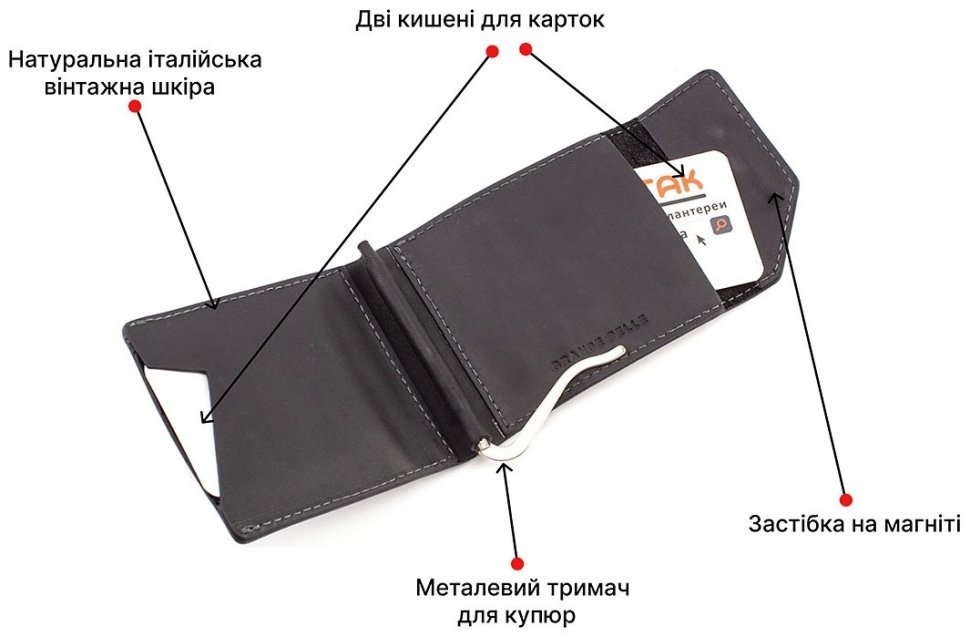Чорний затиск для грошей з вінтажній шкіри Grande Pelle (13026) modnotak фото №4