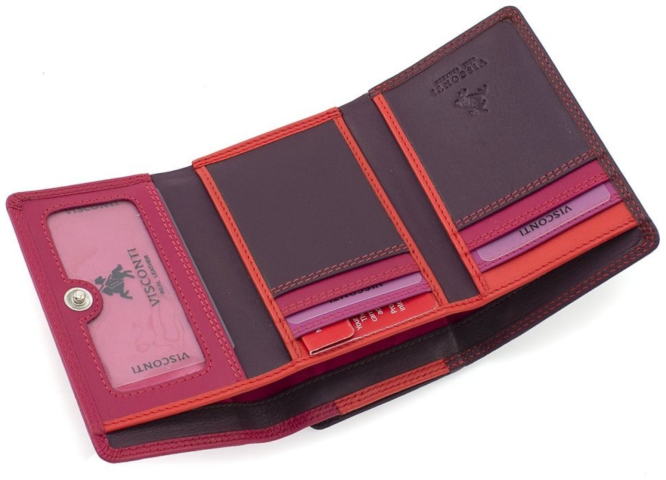 Розово-фиолетовый женский кошелек тройного сложения из натуральной кожи Visconti Biola 68875