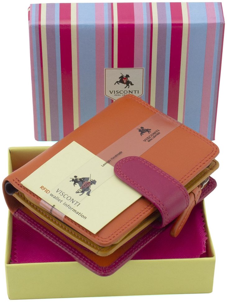 Компактний жіночий гаманець оранжево-рожевого кольору з натуральної шкіри Visconti Bali 69275