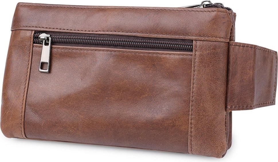 Кожаная сумка на пояс коричневого цвета на два отделения на молниях Vintage (20457)