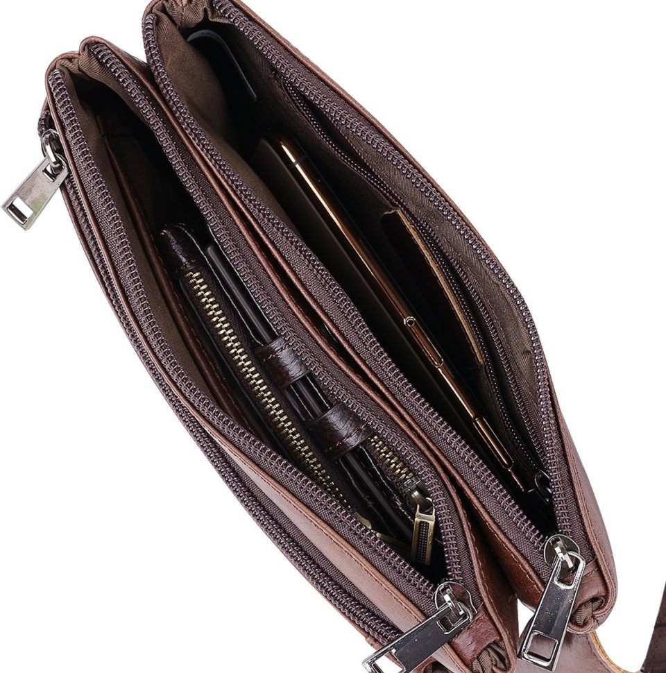 Шкіряна сумка на пояс коричневого кольору на два відділення на блискавках Vintage (20457)